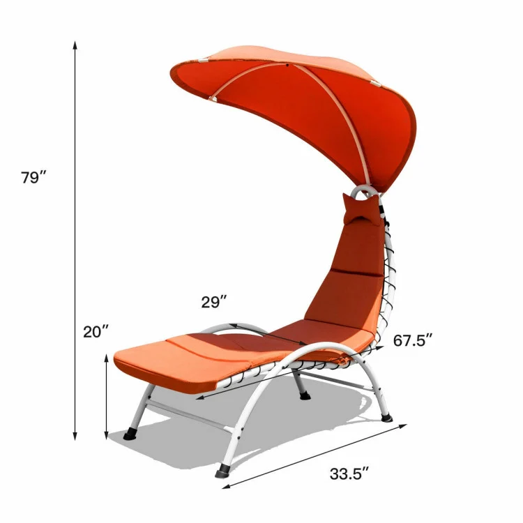 Metal Outdoor Patio Chaise Lounger Chair with Canopy and Orange Cushions