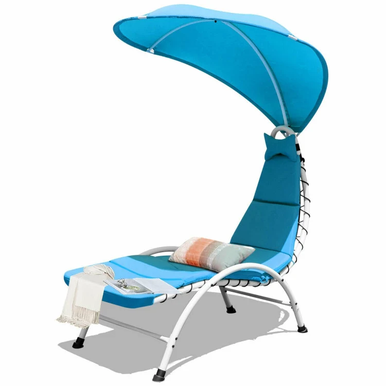 Metal Outdoor Patio Chaise Lounger Chair with Blue Canopy and Cushions