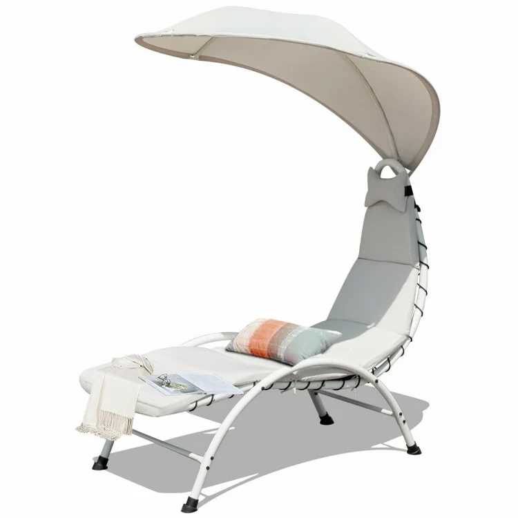 Metal Outdoor Patio Chaise Lounger Chair with Beige Canopy and Cushions