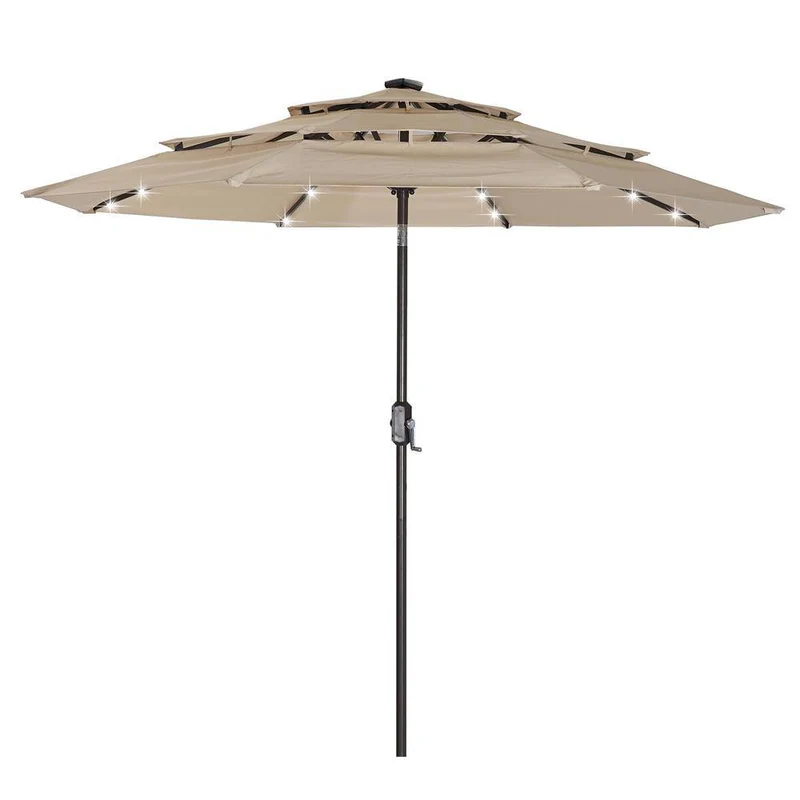 9 ft. 3-Tier Double Vented Aluminum Tilt Market Patio Umbrella with LED Light and Crank in Beige
