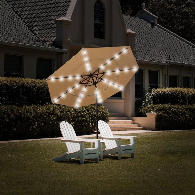 9 ft. 3-Tier Double Vented Aluminum Tilt Market Patio Umbrella with LED Light and Crank in Beige