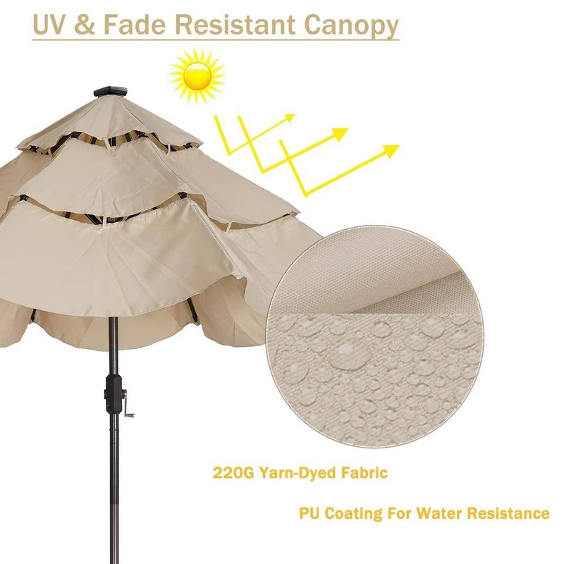 9 ft. 3-Tier Double Vented Aluminum Tilt Market Patio Umbrella with LED Light and Crank in Beige