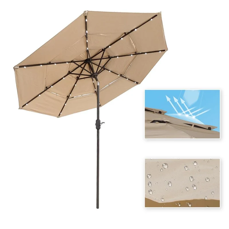 9 ft. 3-Tier Double Vented Aluminum Tilt Market Patio Umbrella with LED Light and Crank in Beige