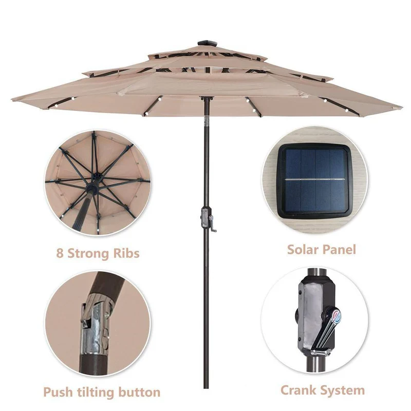 9 ft. 3-Tier Double Vented Aluminum Tilt Market Patio Umbrella with LED Light and Crank in Beige