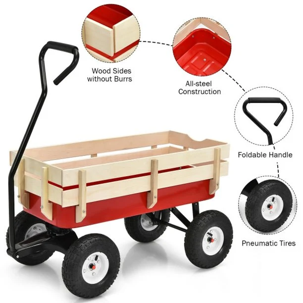 SUGIFT Outdoor Wagon Pulling Children Kid Garden Cart with Wood Railing