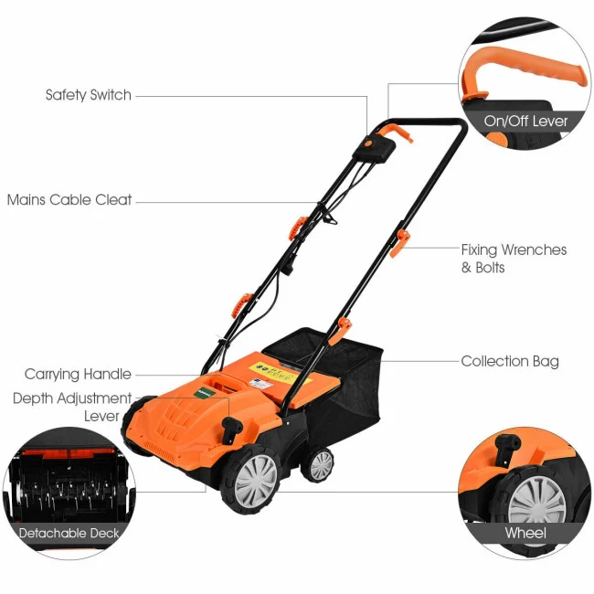 SUGIFT 13 Inch Electric Lawn Dethatcher with with 40L Collection Bag,12 Amp Corded Scarifier,Orange