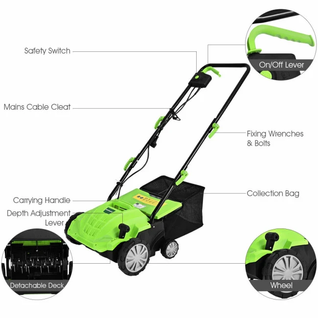 SUGIFT 13 Inch Electric Lawn Dethatcher with with 40L Collection Bag,12 Amp Corded Scarifier,Green
