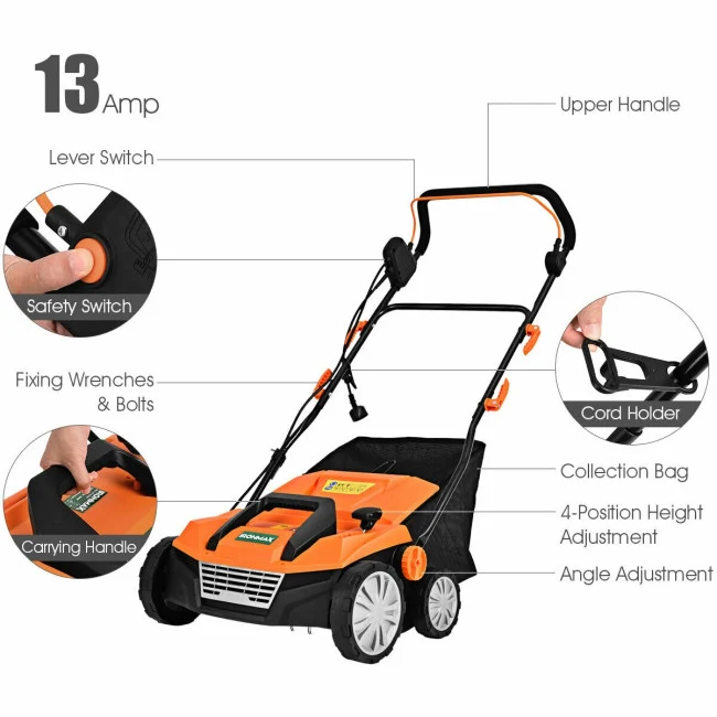 SUGIFT 15 Inch Electric Lawn Dethatcher with Dual Safety Switch,13 Amp Corded Scarifier£¬Orange