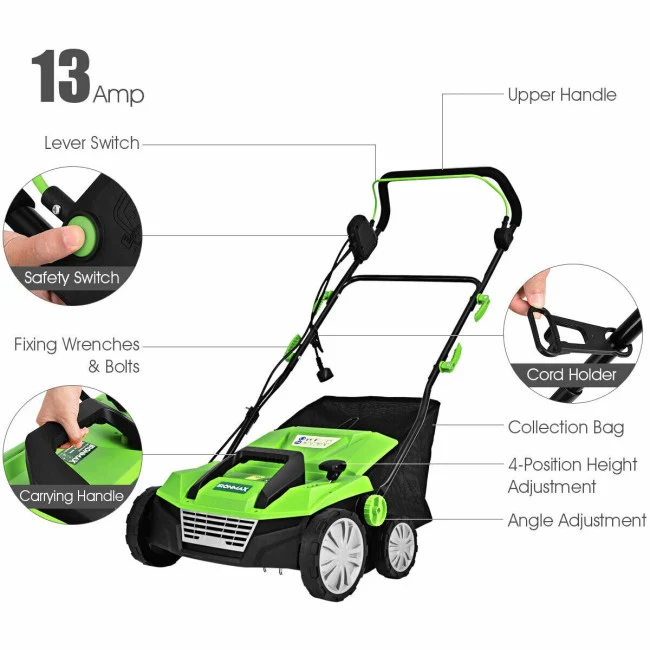 SUGIFT 15 Inch Electric Lawn Dethatcher with Dual Safety Switch,13 Amp Corded Scarifier£¬Green