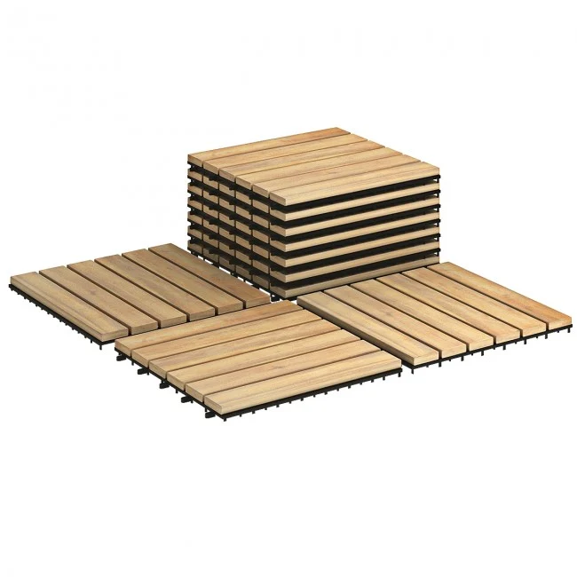 SUGIFT 10 Pcs 12 x 12 Inch Acacia Wood Interlocking Tile Flooring