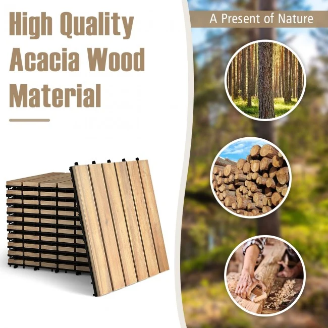 SUGIFT 10 Pcs 12 x 12 Inch Acacia Wood Interlocking Tile Flooring