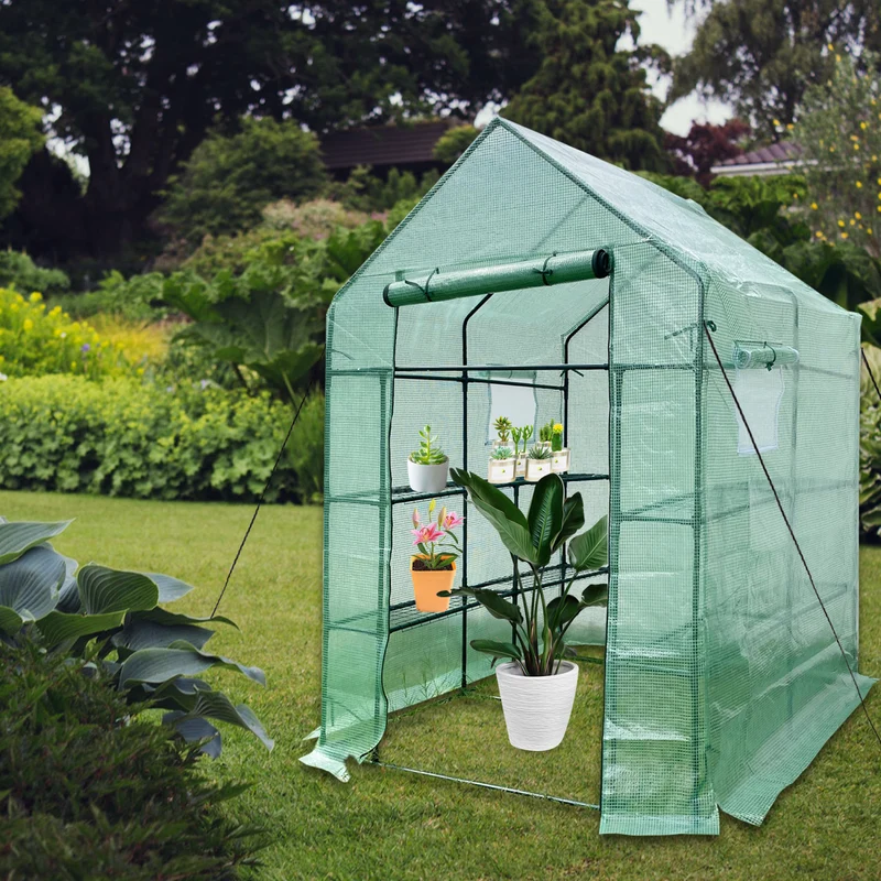 SUGIFT Greenhouse for Walk-in Plant Outdoors with Durable PE Cover, 2 Tiers 8 Shelves,56in W x 56in D x 76in H