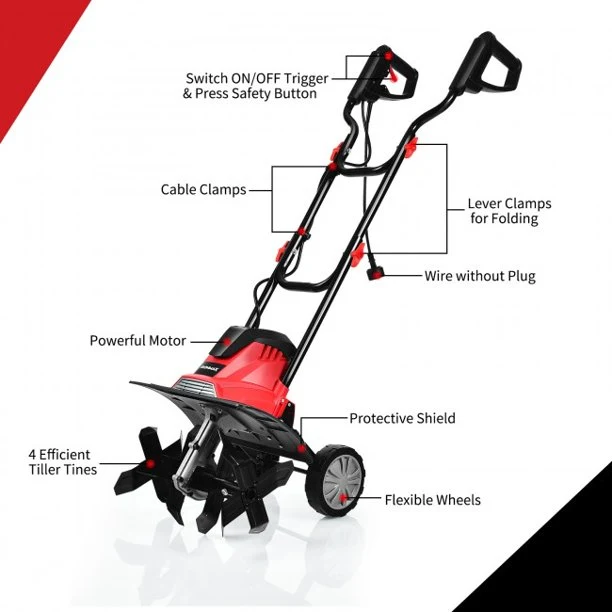 13.5 Amp Corded Electric Tiller and Cultivator 9-Inch Tilling Depth 14-Inch Tilling Width