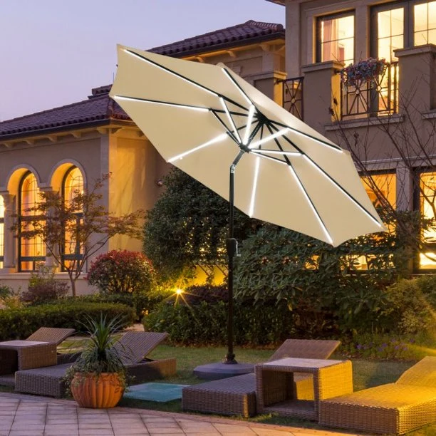 9 Feet Outdoor Umbrella Solar LED Market Umbrella with Aluminum Crank Tilt 16 Strip Lights