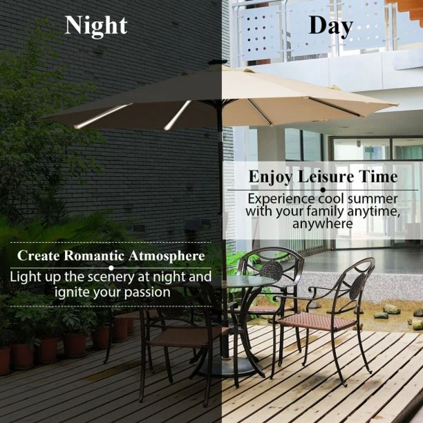 9 Feet Outdoor Umbrella Solar LED Market Umbrella with Aluminum Crank Tilt 16 Strip Lights