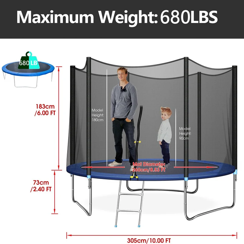 SUGIFT 10ft Trampoline with Safe Enclosure Net, 680 lbs Capacity for 3-4 Kids, Blue