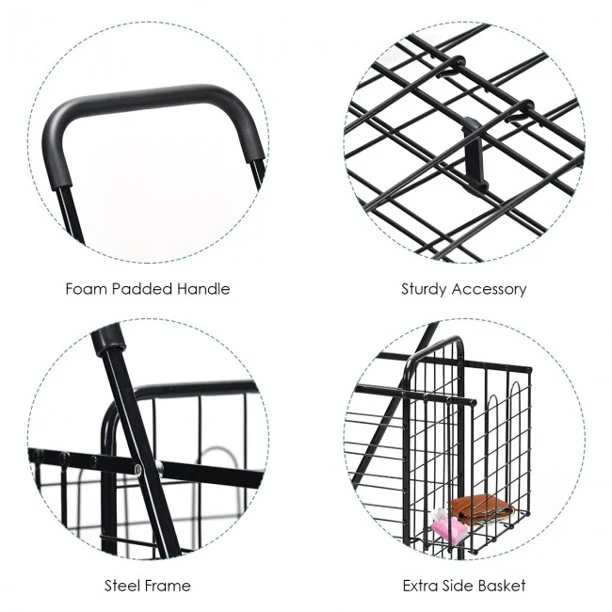 SUGIFT Shopping Cart Folding Shopping Basket Rolling Trolley with Adjustable Handle