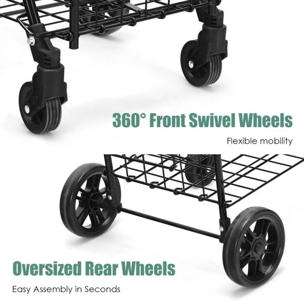 SUGIFT Shopping Cart Folding Shopping Basket Rolling Trolley with Adjustable Handle