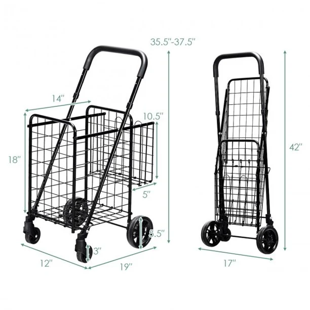 SUGIFT Shopping Cart Folding Shopping Basket Rolling Trolley with Adjustable Handle