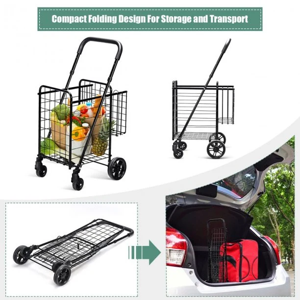 SUGIFT Shopping Cart Folding Shopping Basket Rolling Trolley with Adjustable Handle