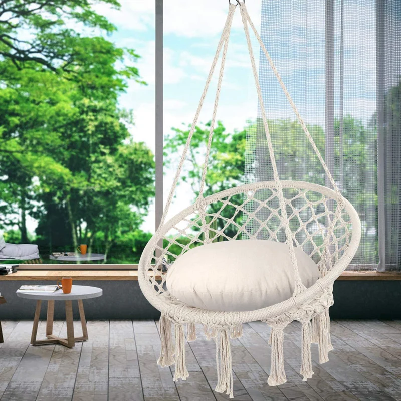 SUGIFT Handwoven Cotton Macrame Hammock Hanging Chair Swing chair for Indoor & Outdoor Use Backrest - Beige