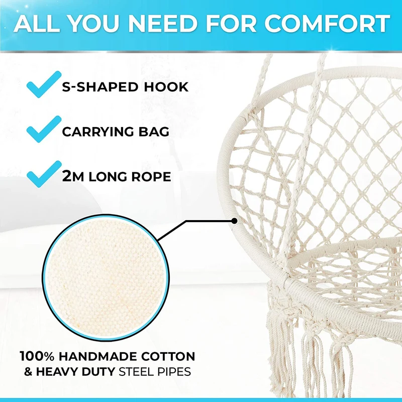 SUGIFT Handwoven Cotton Macrame Hammock Hanging Chair Swing chair for Indoor & Outdoor Use Backrest - Beige