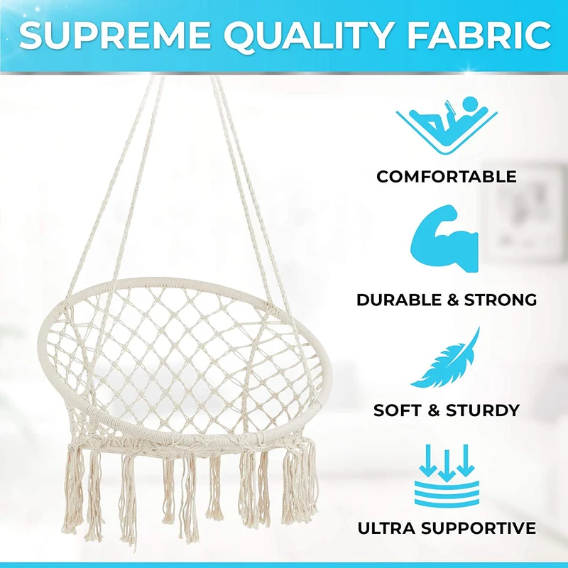 SUGIFT Handwoven Cotton Macrame Hammock Hanging Chair Swing chair for Indoor & Outdoor Use Backrest - Beige