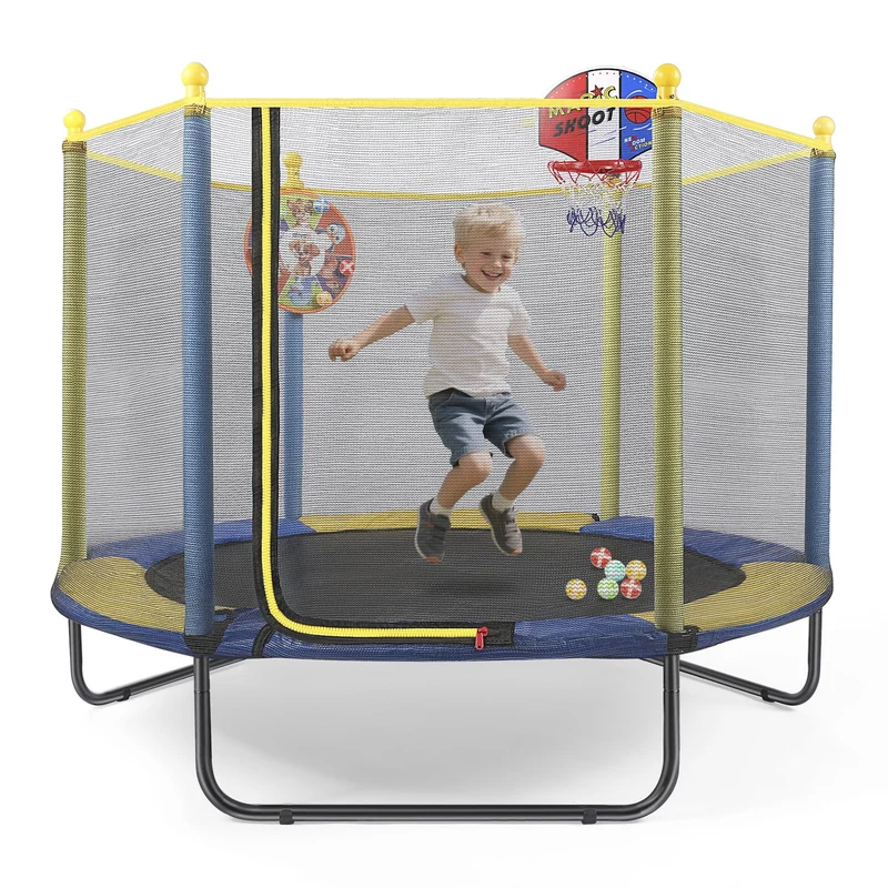 SUGIFT 60'' Kids Trampoline with Safety Net, Basketball Hoop & Dartboard, Indoor Outdoor Toddler Trampoline for Ages 1-8