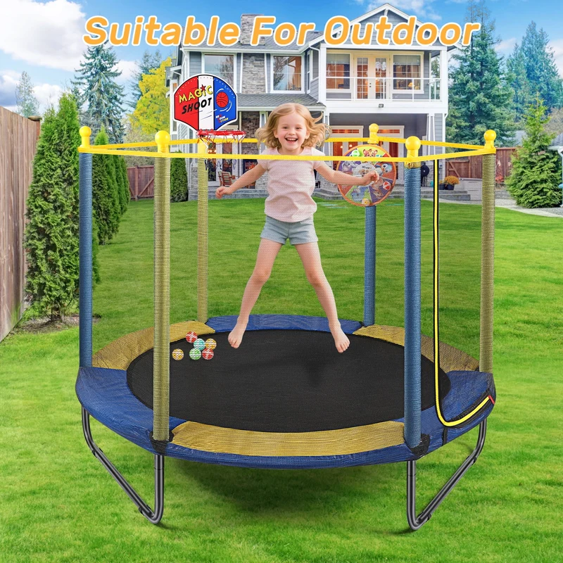 SUGIFT 60'' Kids Trampoline with Safety Net, Basketball Hoop & Dartboard, Indoor Outdoor Toddler Trampoline for Ages 1-8