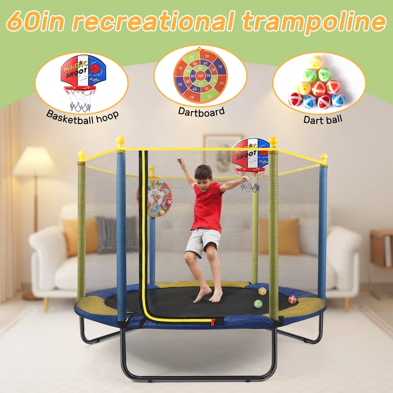 SUGIFT 60'' Kids Trampoline with Safety Net, Basketball Hoop & Dartboard, Indoor Outdoor Toddler Trampoline for Ages 1-8