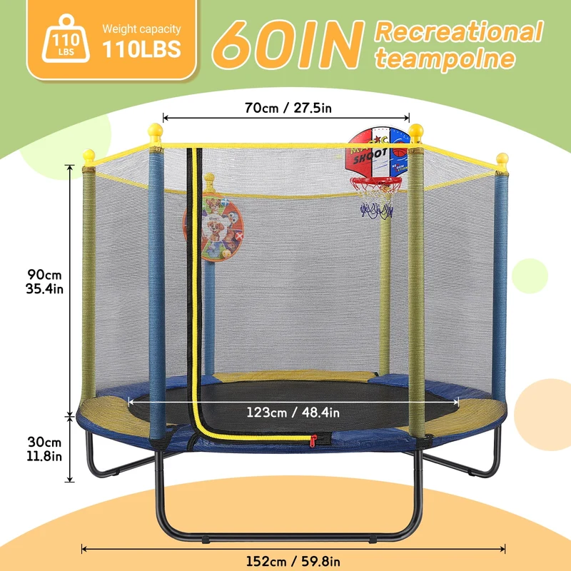 SUGIFT 60'' Kids Trampoline with Safety Net, Basketball Hoop & Dartboard, Indoor Outdoor Toddler Trampoline for Ages 1-8