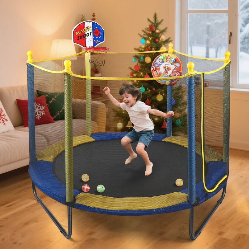 SUGIFT 60'' Kids Trampoline with Safety Net, Basketball Hoop & Dartboard, Indoor Outdoor Toddler Trampoline for Ages 1-8