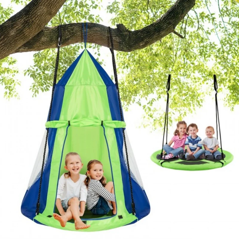 Outdoor 2-in-1 Kids Green Hanging Chair Detachable Sling Patio Swing Tent