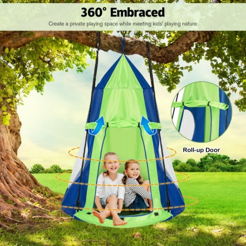 Outdoor 2-in-1 Kids Green Hanging Chair Detachable Sling Patio Swing Tent