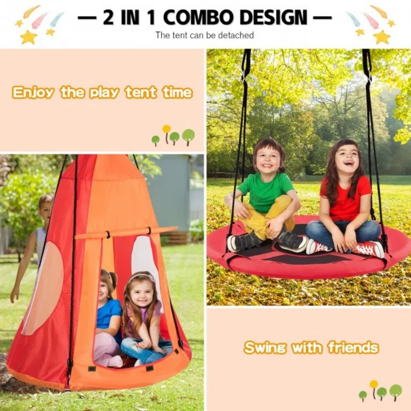 Outdoor 2-in-1 Kids Orange Hanging Chair Detachable Sling Patio Swing Tent