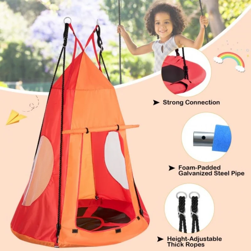Outdoor 2-in-1 Kids Orange Hanging Chair Detachable Sling Patio Swing Tent