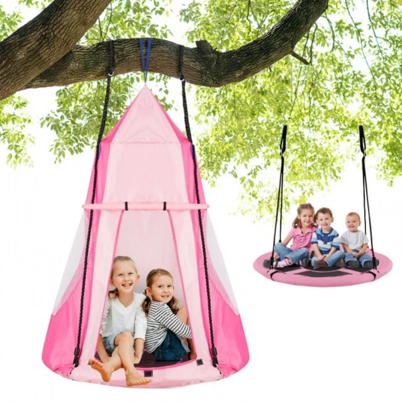 Outdoor 2-in-1 Kids Pink Hanging Chair Detachable Sling Patio Swing Tent