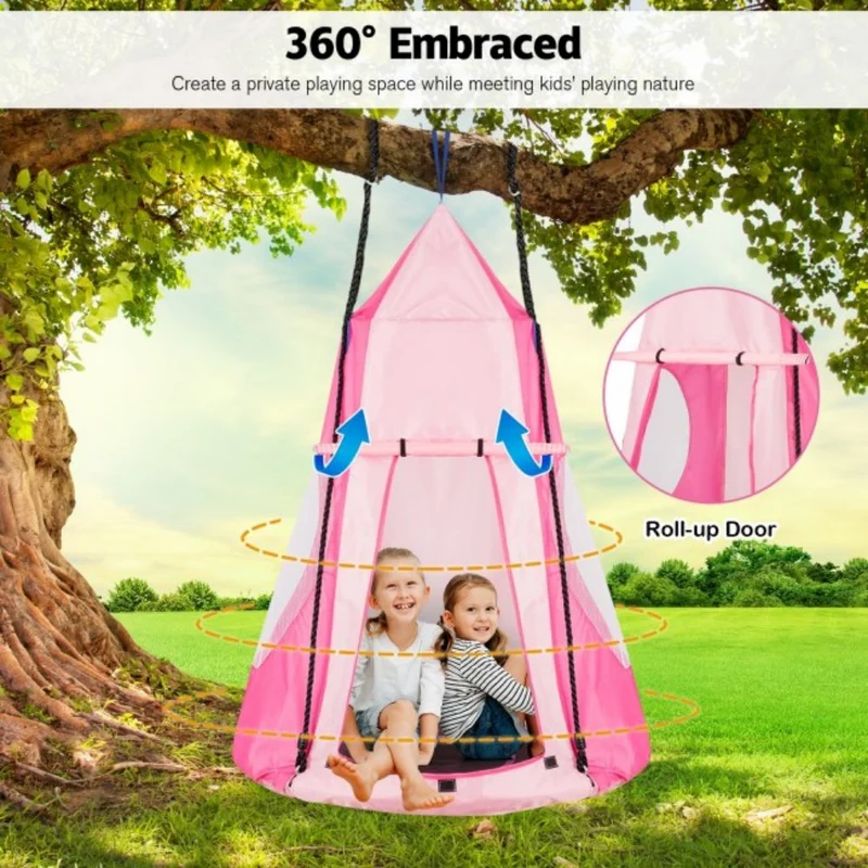 Outdoor 2-in-1 Kids Pink Hanging Chair Detachable Sling Patio Swing Tent
