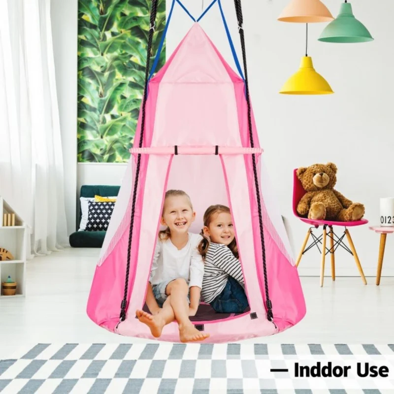 Outdoor 2-in-1 Kids Pink Hanging Chair Detachable Sling Patio Swing Tent