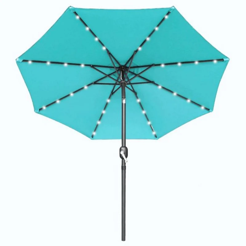 10 ft. Metal Market Solar Tilt Patio Umbrella with Crank and LED Lights in Turquoise