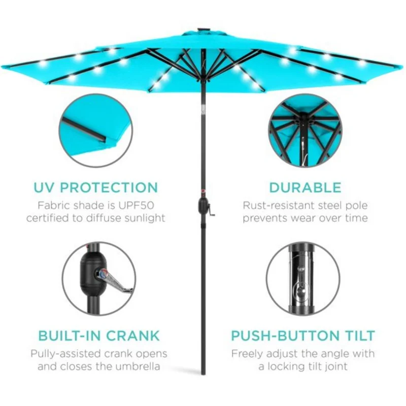 10 ft. Metal Market Solar Tilt Patio Umbrella with Crank and LED Lights in Turquoise