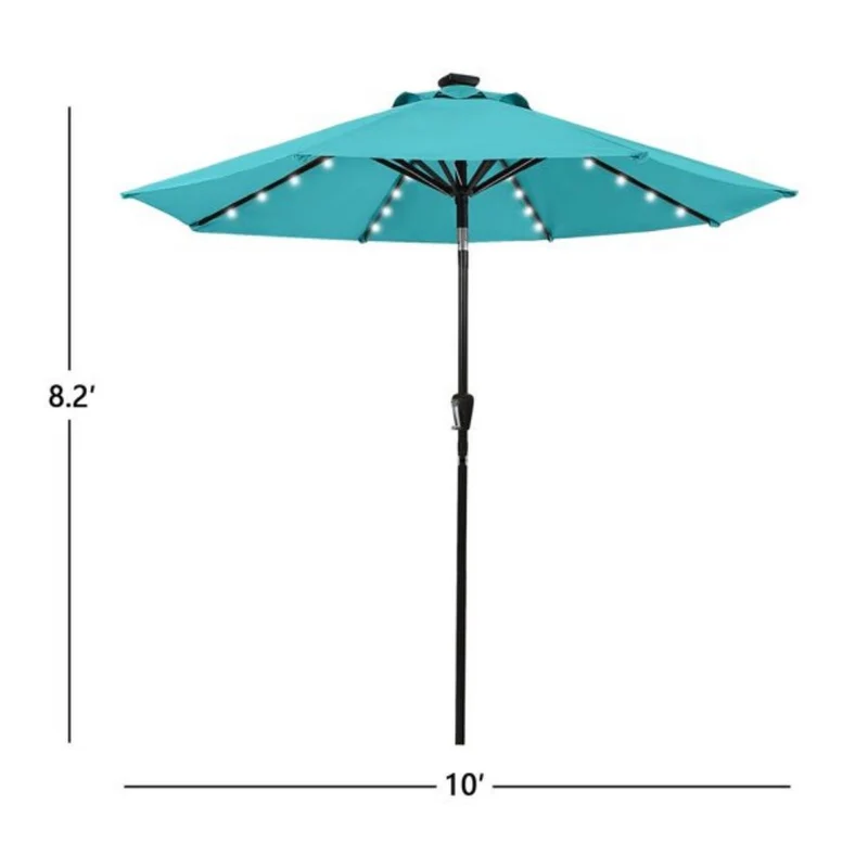 10 ft. Metal Market Solar Tilt Patio Umbrella with Crank and LED Lights in Turquoise