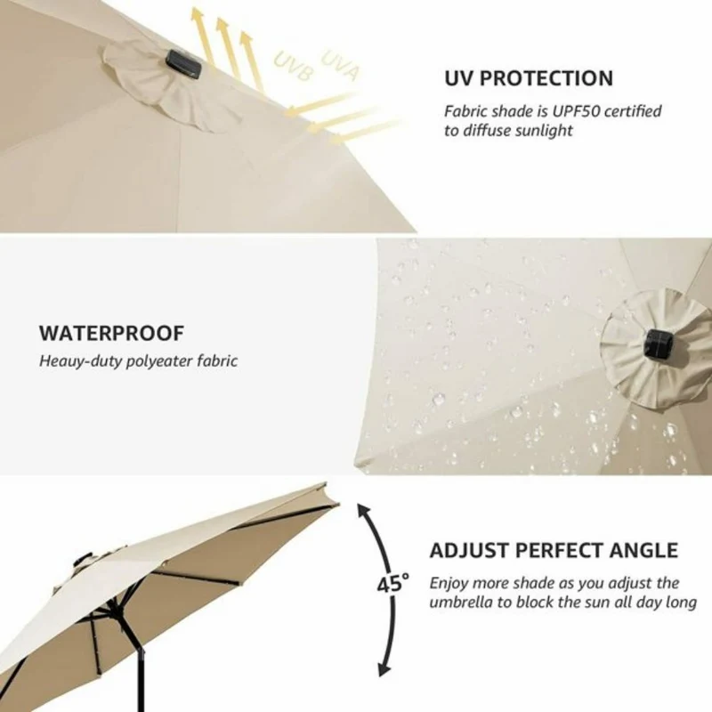 10 ft. Metal Market Solar Tilt Patio Umbrella with Crank and LED Lights in Cream