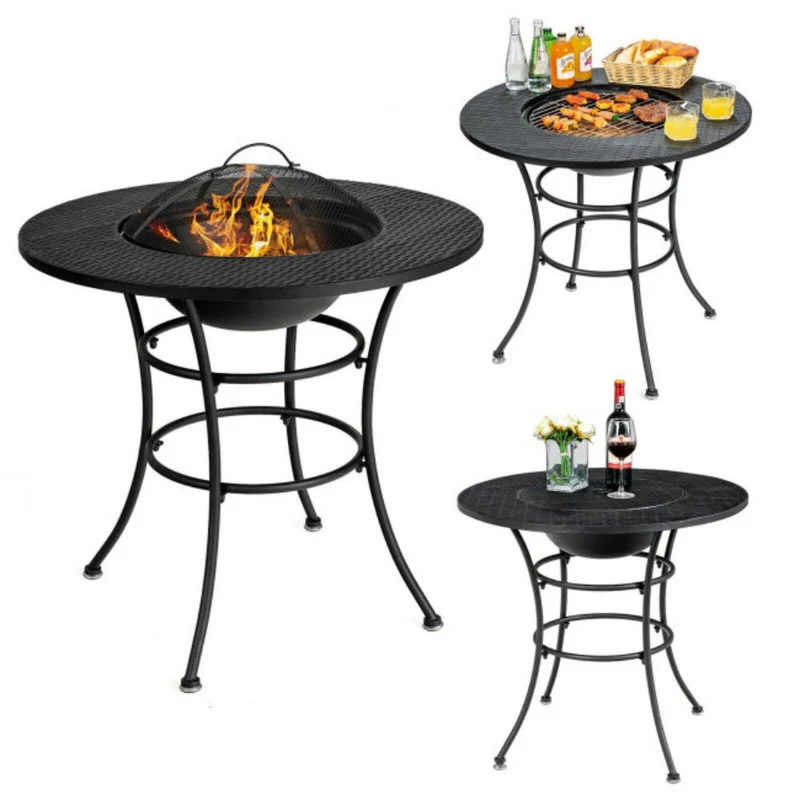 31.5 in. Outdoor Steel Fire Pit Dining Table with Cooking BBQ Grate