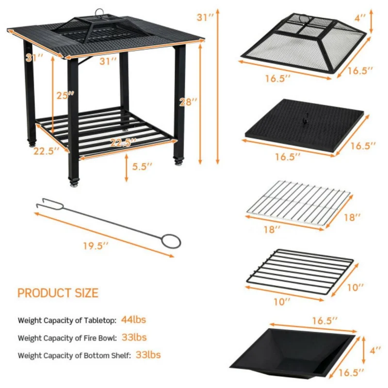 31 in. Outdoor Steel Fire Pit Dining Table with Cooking BBQ Grate