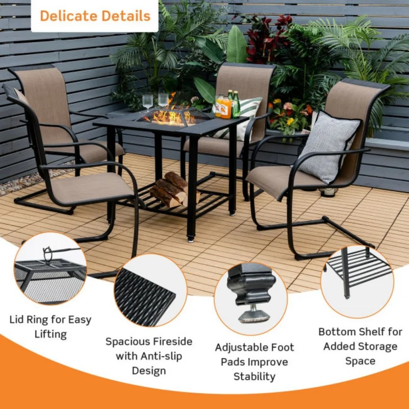 31 in. Outdoor Steel Fire Pit Dining Table with Cooking BBQ Grate