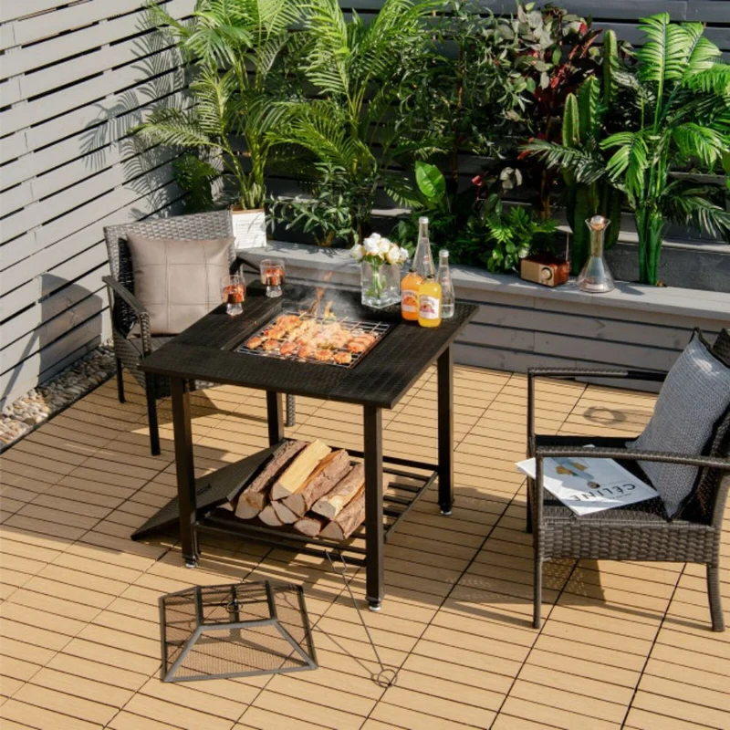 31 in. Outdoor Steel Fire Pit Dining Table with Cooking BBQ Grate