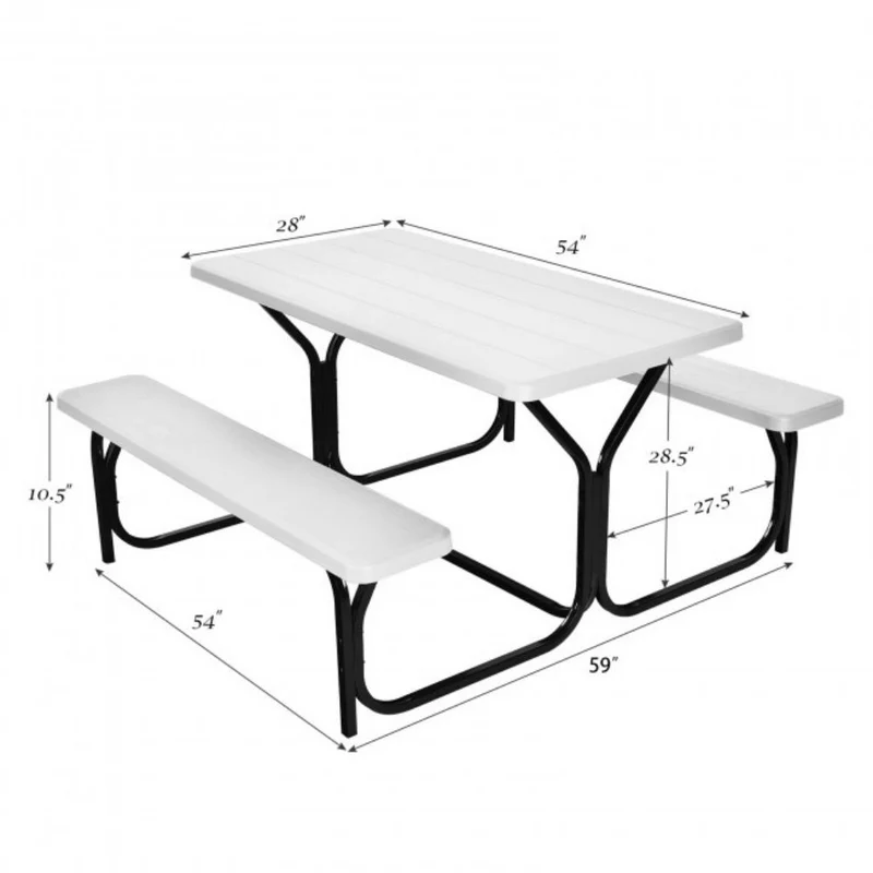 All-Weather Metal Outdoor Picnic Table Bench Set with Metal Base Wood