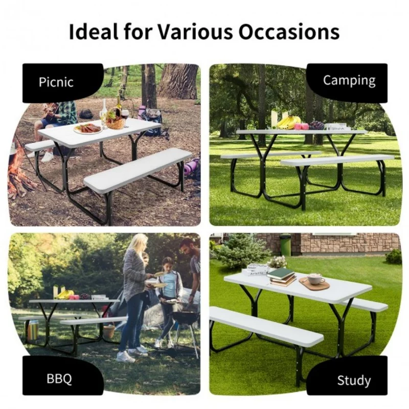 All-Weather Metal Outdoor Picnic Table Bench Set with Metal Base Wood