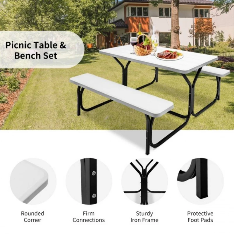 All-Weather Metal Outdoor Picnic Table Bench Set with Metal Base Wood